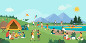 Cartoon image of families and children playing outside with kites, balls, dogs
