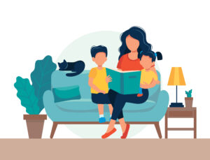 Cartoon image of a mum and 2 children reading a book together on a sofa