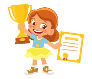 Cartoon image of a child holding a trophy and certificate