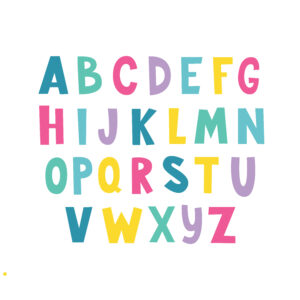 Cartoon image of letters of the alphabet in blue, pinks and yellows
