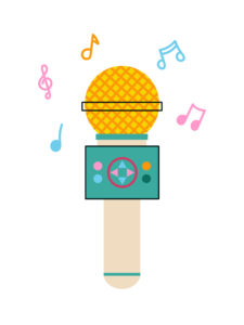 Cartoon image of a microphone and music notes
