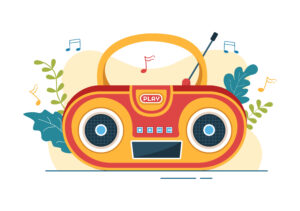 Cartoon image of a boombox and music notes