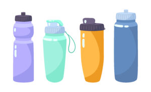 Cartoon image of four different styles of water bottles lined up alongside each other.
