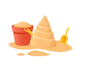 Cartoon image of a sandcastle, bucket and spade