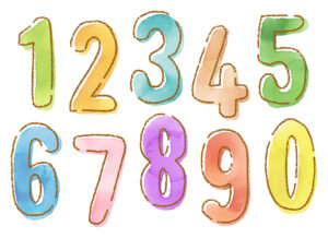 Cartoon image of the numbers 0-9 with watercolour backgrounds