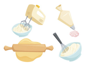 Cartoon image of a rolling pin, whisk and bowls