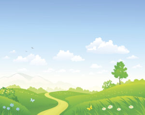 Cartoon image of a field with trees and flowers with a path running through it