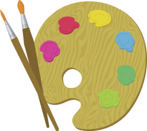 Cartoon image of paint brushes and a paint palette